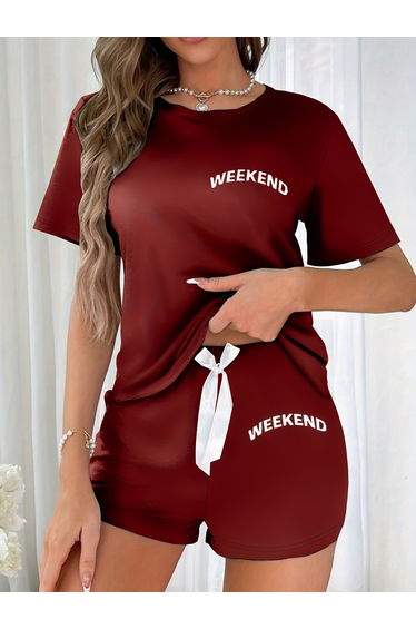 Burgundy Slogan Text Print T-Shirt and Shorts Set