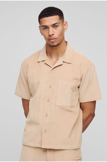 Boxy Acid Wash Corduroy Shirt - sand