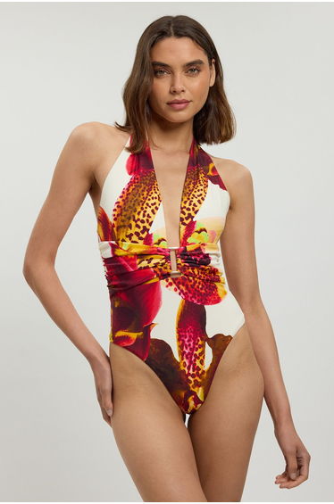 Orchid Print Plunge Swimsuit