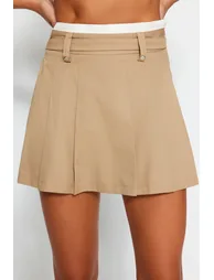 Beige Pleated A-Line Mini belted Skirt - 3