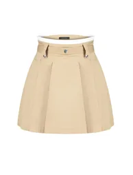 Beige Pleated A-Line Mini belted Skirt - 7