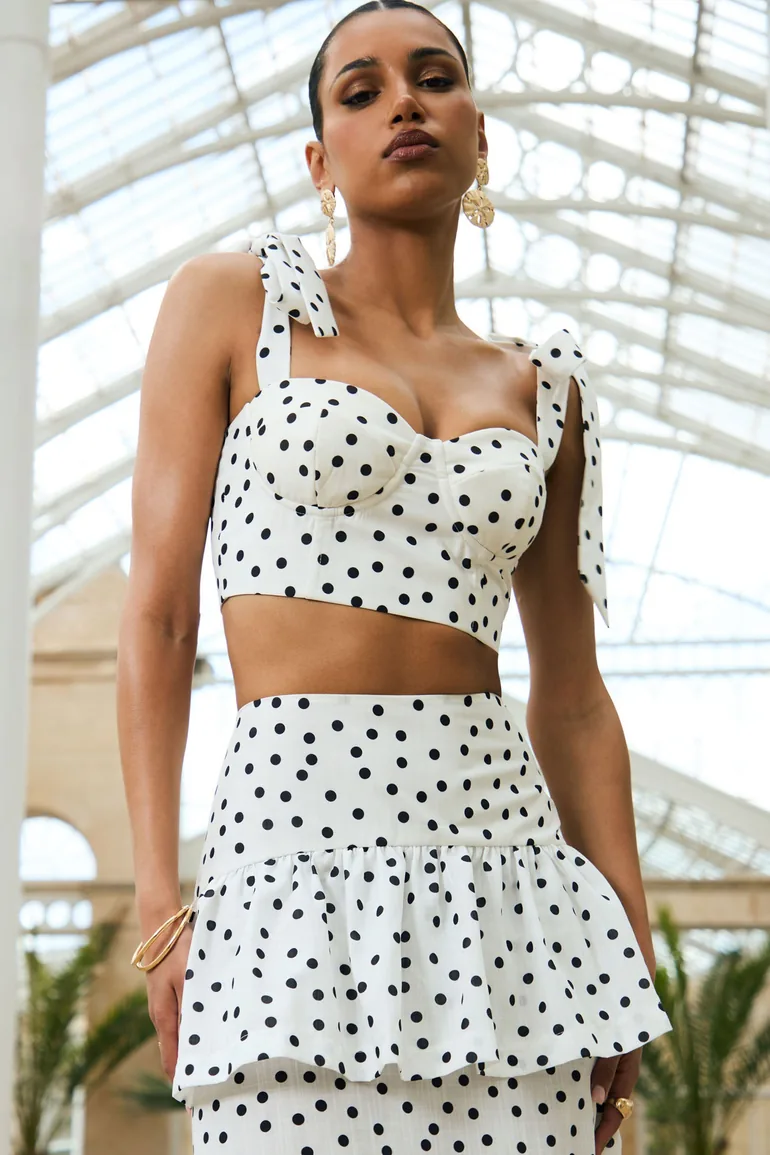 Lumen | White Polka Dot Corset Sweetheart Top With Bow Straps