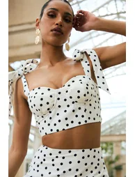 Lumen | White Polka Dot Corset Sweetheart Top With Bow Straps - 2