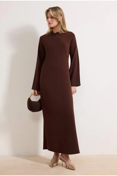 Brown Button Detailed Woven Dress