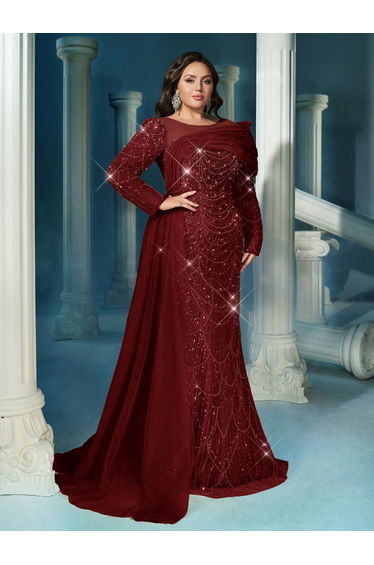 Sparkling Glamorous Plus Size Sequin Long Sleeve Mermaid Hem Gown Dress