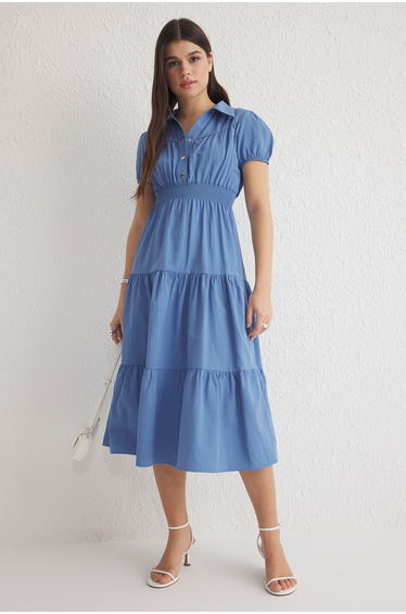 Indigo Straight A-Line Midi Woven Dress