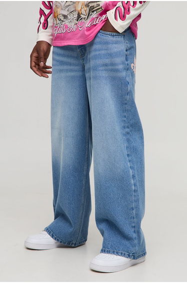 Baggy Fit PU Applique Rhinestone Jeans - light blue