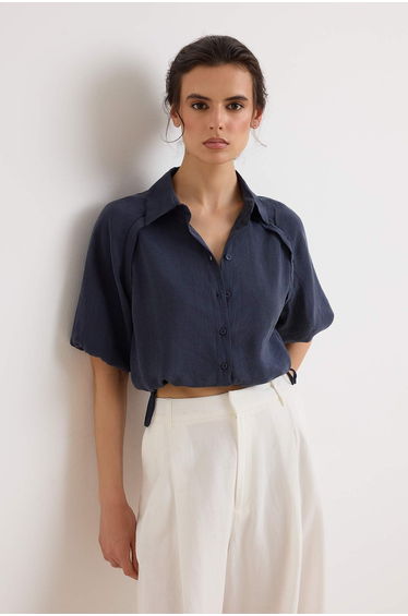Navy Blue Crop Modal Shirt with Stitching Detail Twoss26Go00205