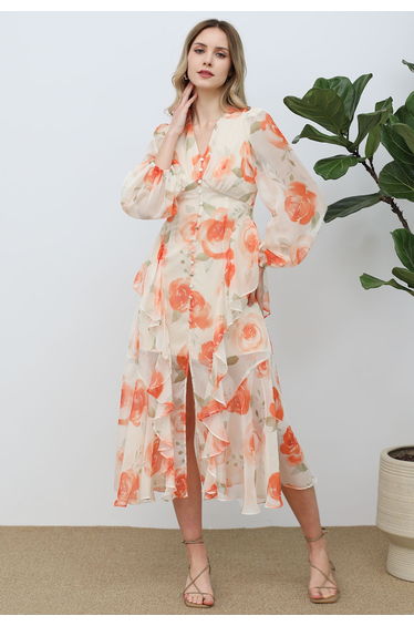Delicate Ruffle Blossom Chiffon Dress