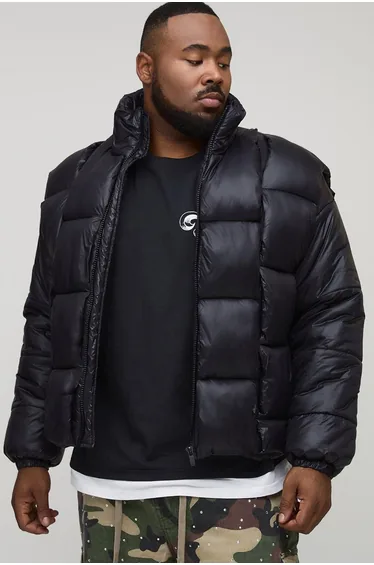 Plus High Shine Weft Oversized Funnel Neck Puffer Jacket - black