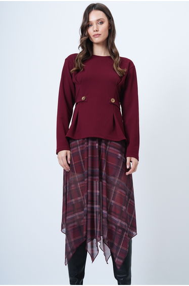 Women's Burgundy Wide Collar Blouse with Pin and Button Detail