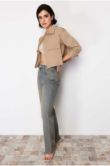 Mink Pocket Detailed Utility Crop Woven Jacket