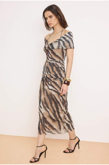 Multi-Colored Plain Shirred / Draped Knitted Tulle Midi Lined Party Dress