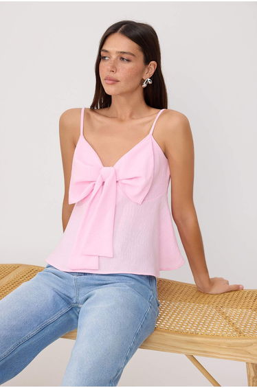 Pink Linen Look Bow Detailed Strap Woven Top & Bottom Blouse
