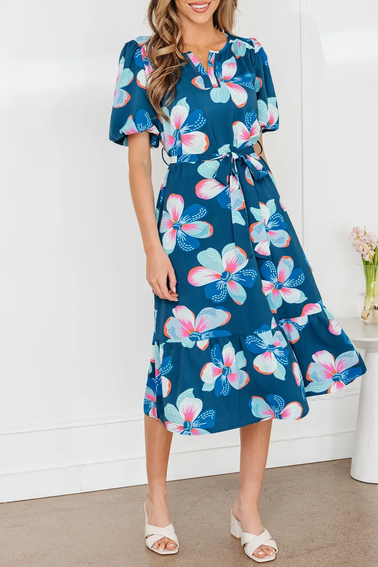 Lvness Blue Floral Print Short Puff Sleeve Ruffle Hem Belted Long Dress - 1
