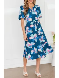 Lvness Blue Floral Print Short Puff Sleeve Ruffle Hem Belted Long Dress - 1