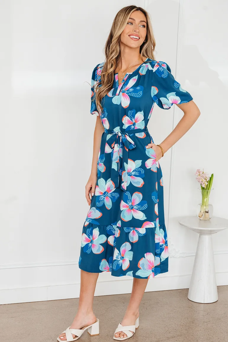 Lvness Blue Floral Print Short Puff Sleeve Ruffle Hem Belted Long Dress - 2