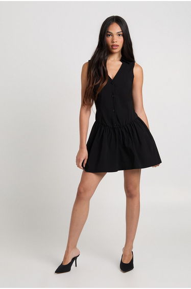 Bengaline Button Up Frill Hem Shirt Dress - black
