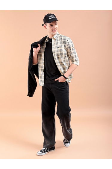 Men Cream Checked Slim Fi Shirt