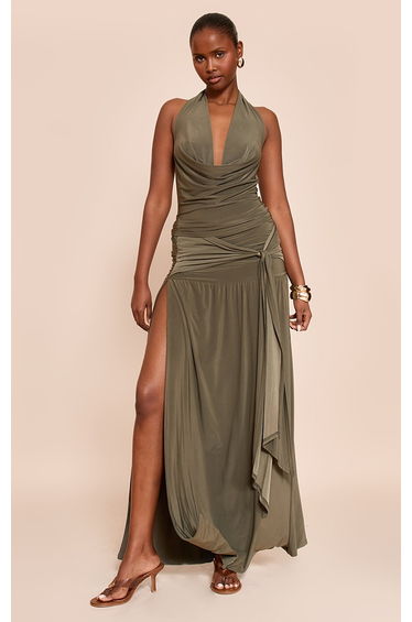Khaki Double Layer Slinky Knot Drape Maxi Skirt