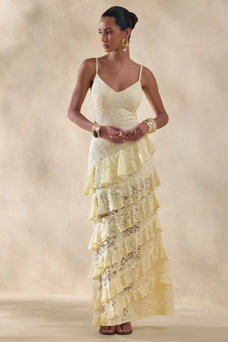 Avelisse | Lemon Lace Plunge-Neck Maxi Dress With Ruffled Detailing - 3