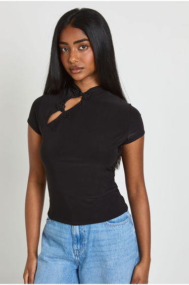 Grown On Neck Asym Button Up Top - black