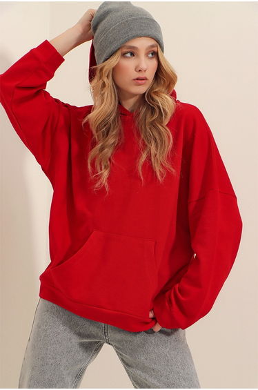 Women's Red Hoodie with Kangaroo Pocket 3 Thread Thickness Sweatshirt