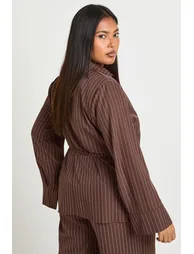 Plus Stripe Woven Wrap Tie Shirt - choc brown - 2