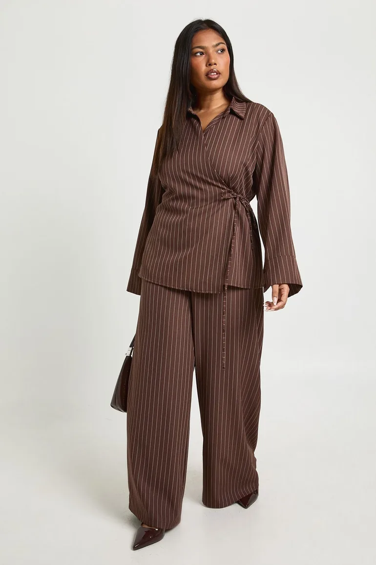 Plus Stripe Woven Wrap Tie Shirt - choc brown