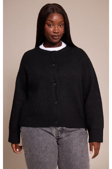 Plus Black Brushed Oversized Detail Round Neck Cardigan