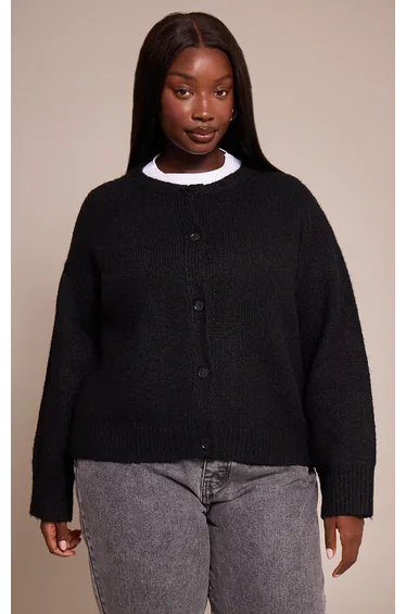 Plus Black Brushed Oversized Detail Round Neck Cardigan
