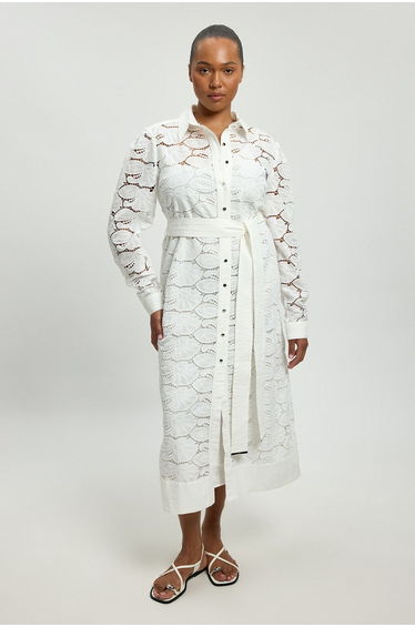 Plus Size Cutwork Cotton Collared Woven Shirt Dress