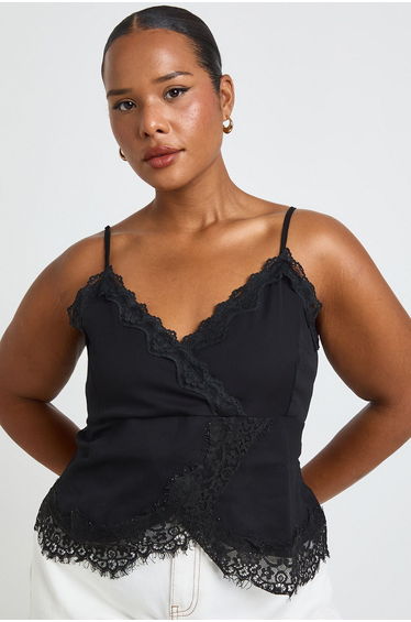 Plus Lace Trim Chiffon Cami Top - black