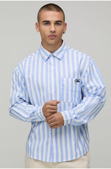 Oversized Long Sleeve Fruit Print Stripe Shirt - blue