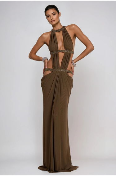 Fadzai Plunge Backless Cutout Maxi Dress In Olive