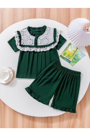 Girls Green Lace Trim Top with Shorts Pyjama Set