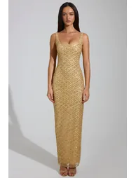 فستان ماكسي بياقة سكووب بفتحة للفخذ مزين بأحجار - ذهبي - 5