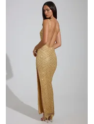 فستان ماكسي بياقة سكووب بفتحة للفخذ مزين بأحجار - ذهبي - 4