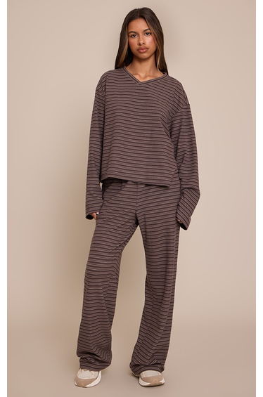 Petite Charcoal Stripe Soft Touch Cropped V Neck Top