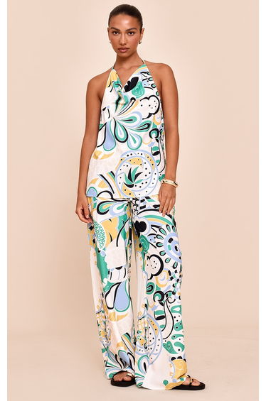 Multi Abstract Print Woven Floaty Wide Leg Trousers