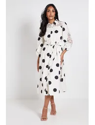 Petite Polka Dot Cotton Cutwork Detail Shirt Dress