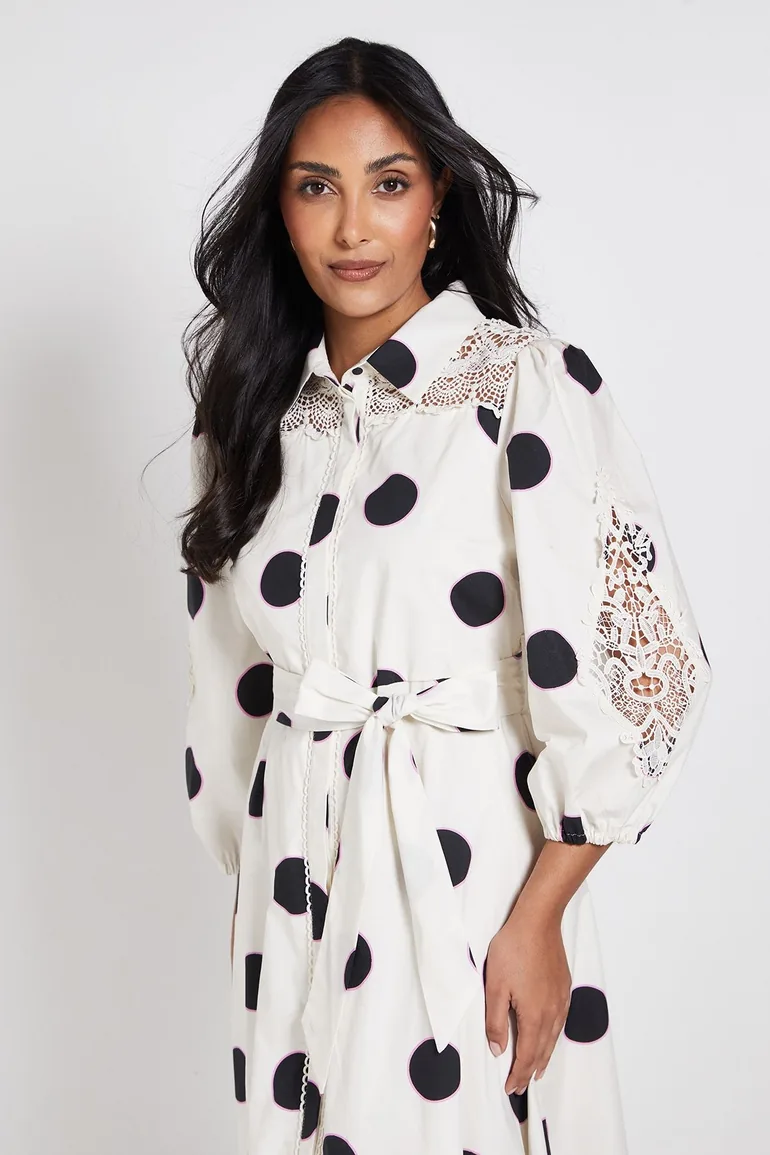 Petite Polka Dot Cotton Cutwork Detail Shirt Dress - 1