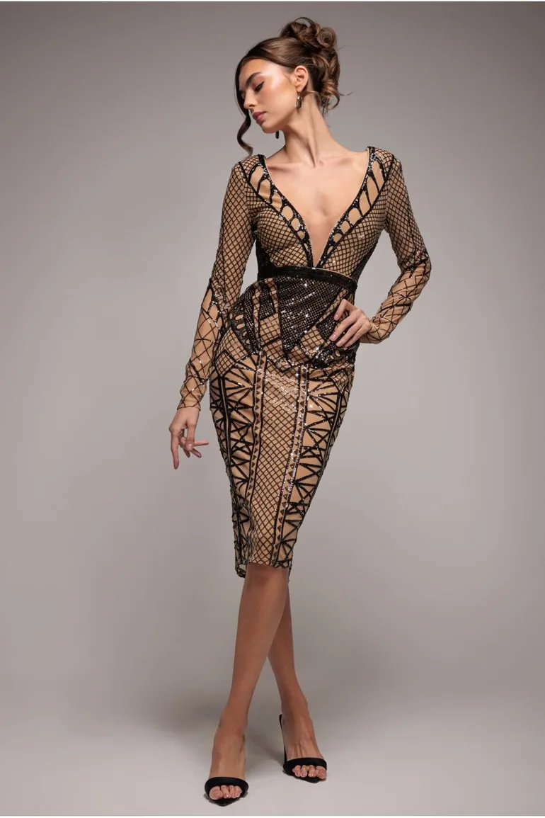 plunge midi dress with sleeves Griselda | Black Plunge-Neck Midi Dress With Sheer Long-Sleeves