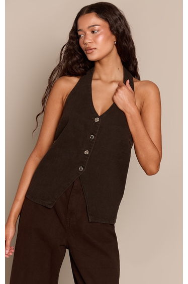 Chocolate Halterneck Denim Waistcoat