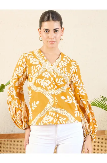 Orange Floral Print Shirt with Balloon Sleeves