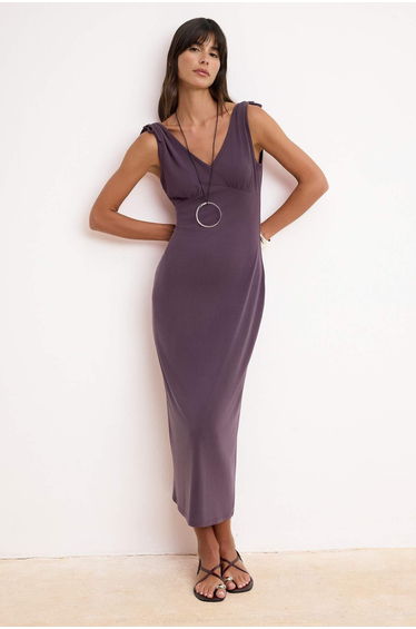 Plum Bodycon V-Neck Sleeveless Tie Detailed Modal Knitted Dress