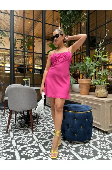 Bright-Pink Gathered-Bust Mini-Dress
