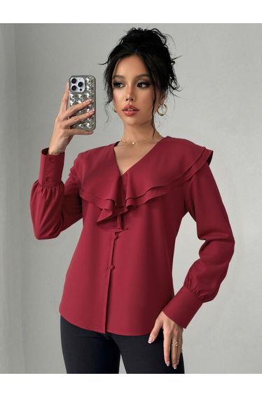 Women Red Ruffled V Neck Top