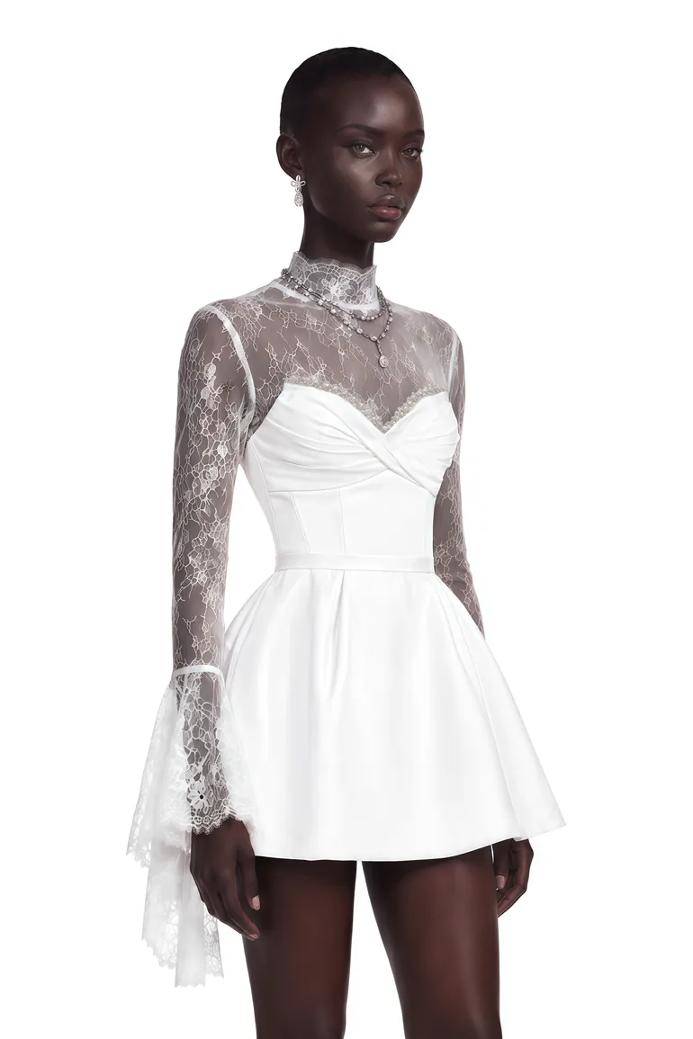 Eevi White Turtleneck Ruched Mini Dress with Lace Panels - 3
