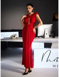 Drosyne Cutout Ruched Draped Maxi Dress In Red - 2